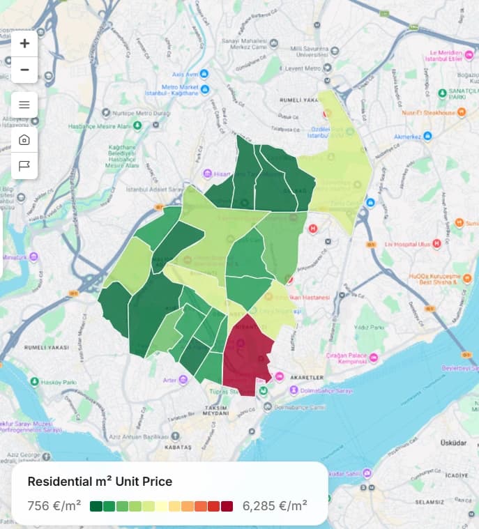 Residential m² unit prices across Şişli’s neighbourhoods