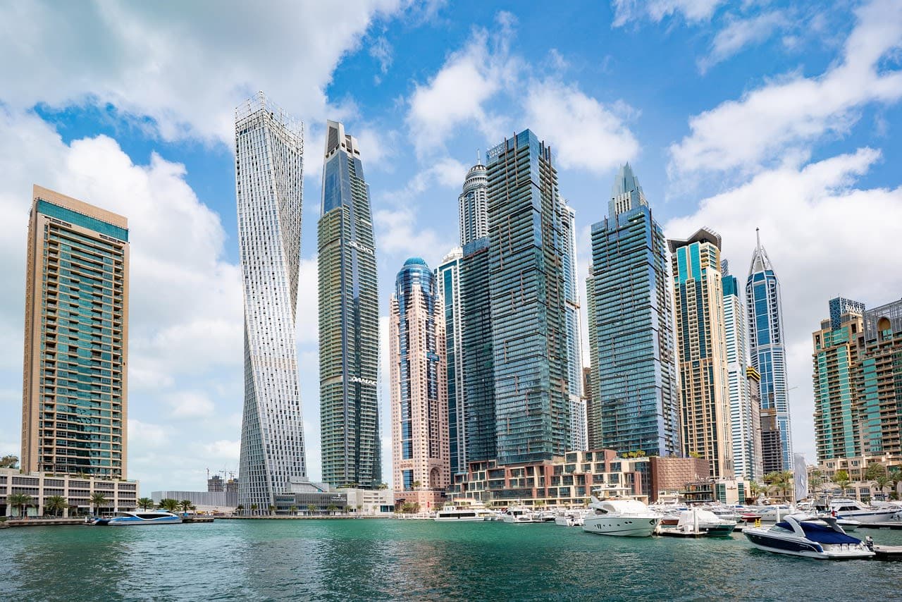 Dubai Marina towers and yachts