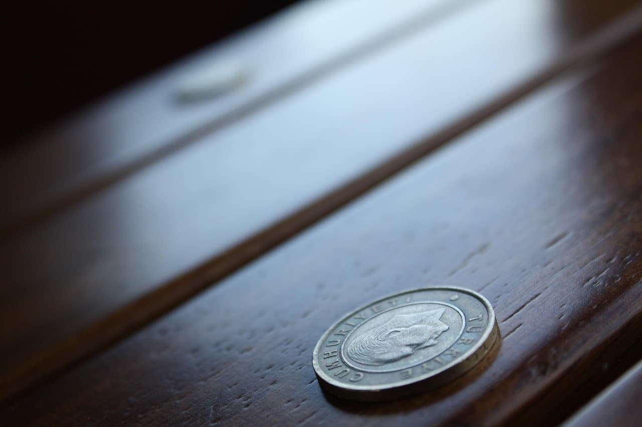 A single Turkish lira coin on a wooden table